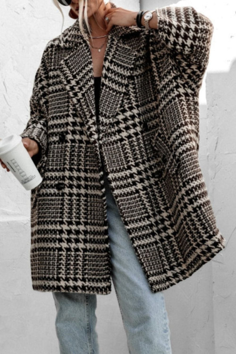 Houndstooth Collared Neck Coat