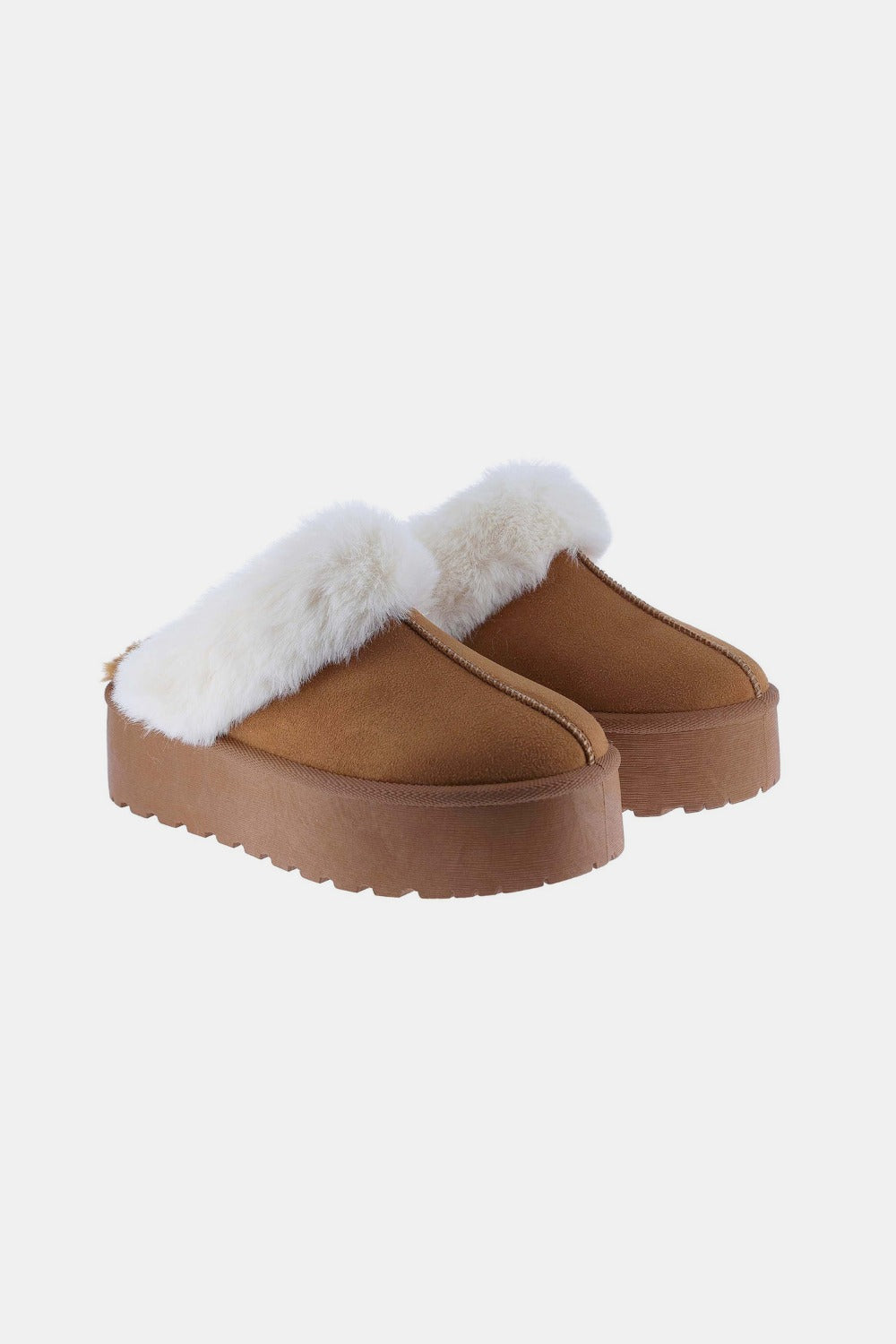 UGG Inspired Platform Fur Trim Slippers - Chestnut
