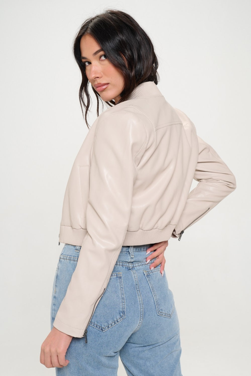 Faux Leather Cropped Bomber Jacket - Nude
