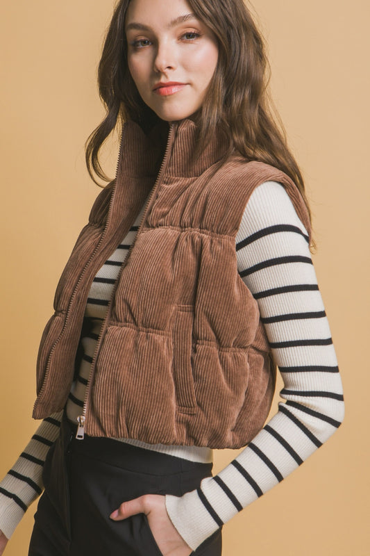 Corduroy Puffer Vest - Brown