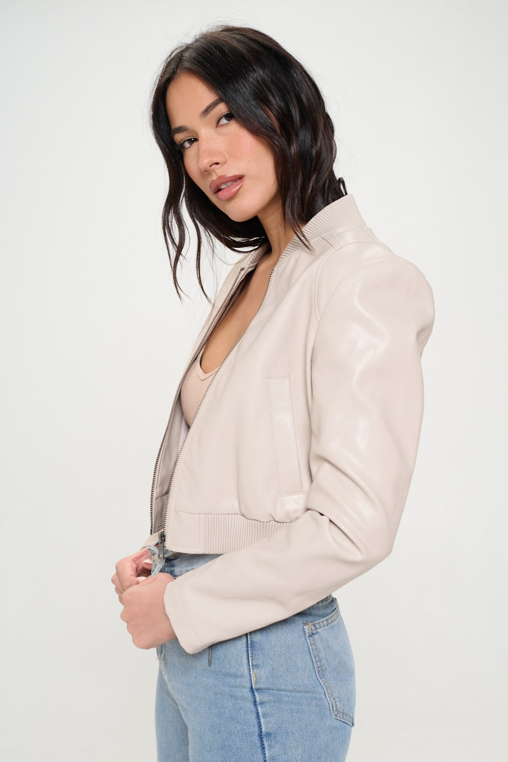 Faux Leather Cropped Bomber Jacket - Nude