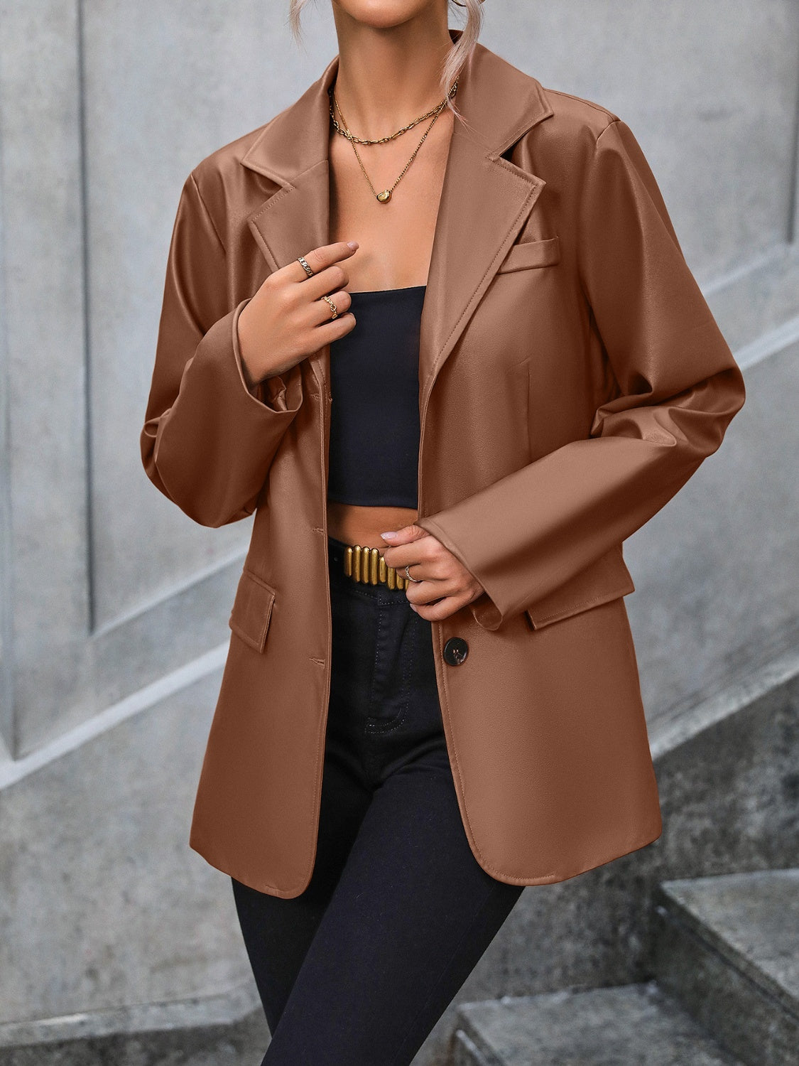Faux Leather Collared Neck Blazer