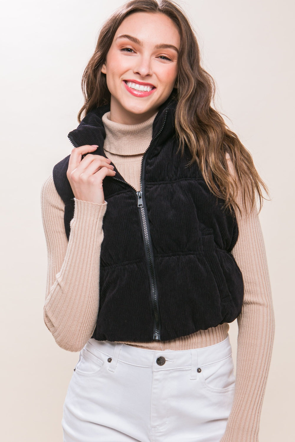 Corduroy Zip Up Puffer Vest - Black