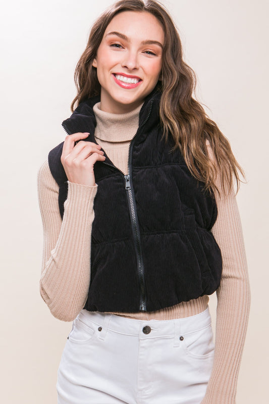 Corduroy Zip Up Puffer Vest - Black