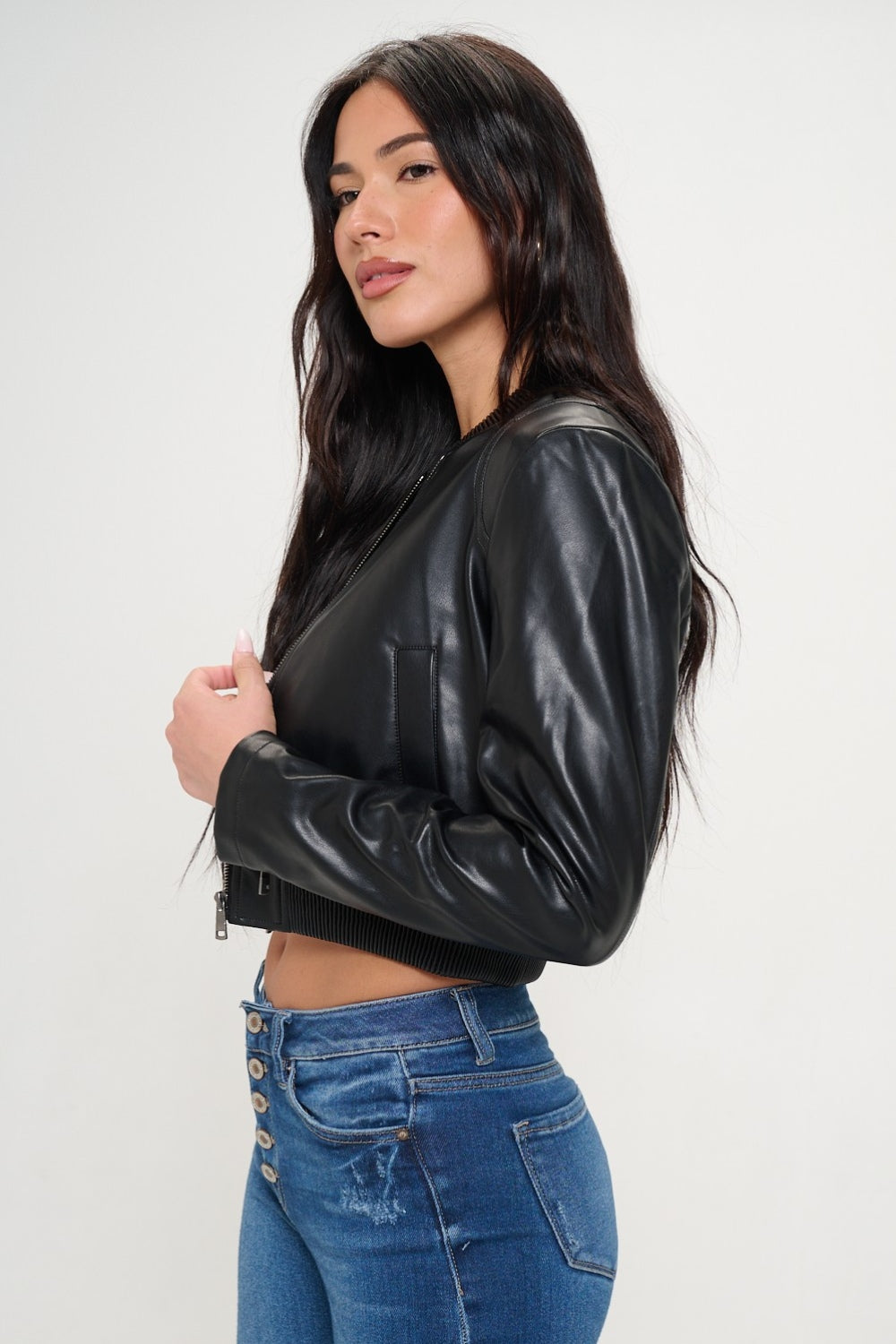 Faux Leather Cropped Bomber Jacket - Black