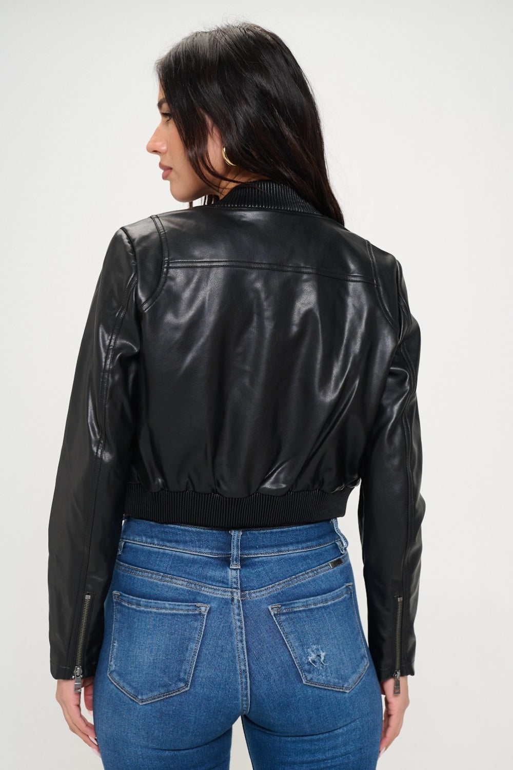 Faux Leather Cropped Bomber Jacket - Black