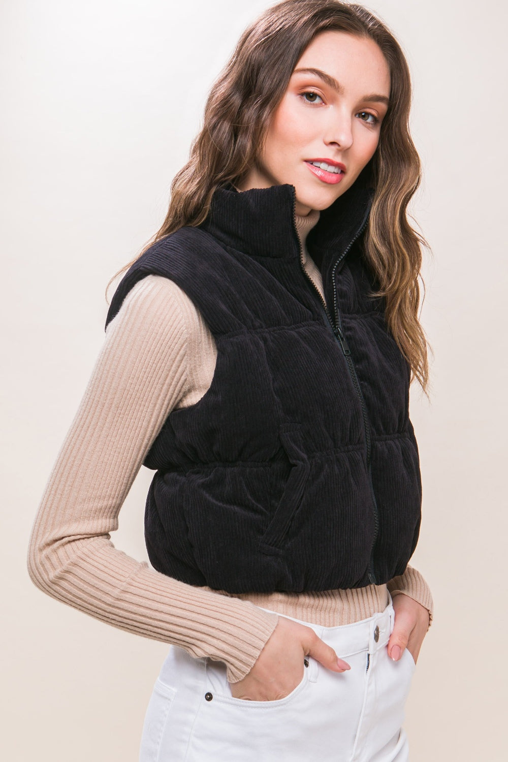 Corduroy Zip Up Puffer Vest - Black
