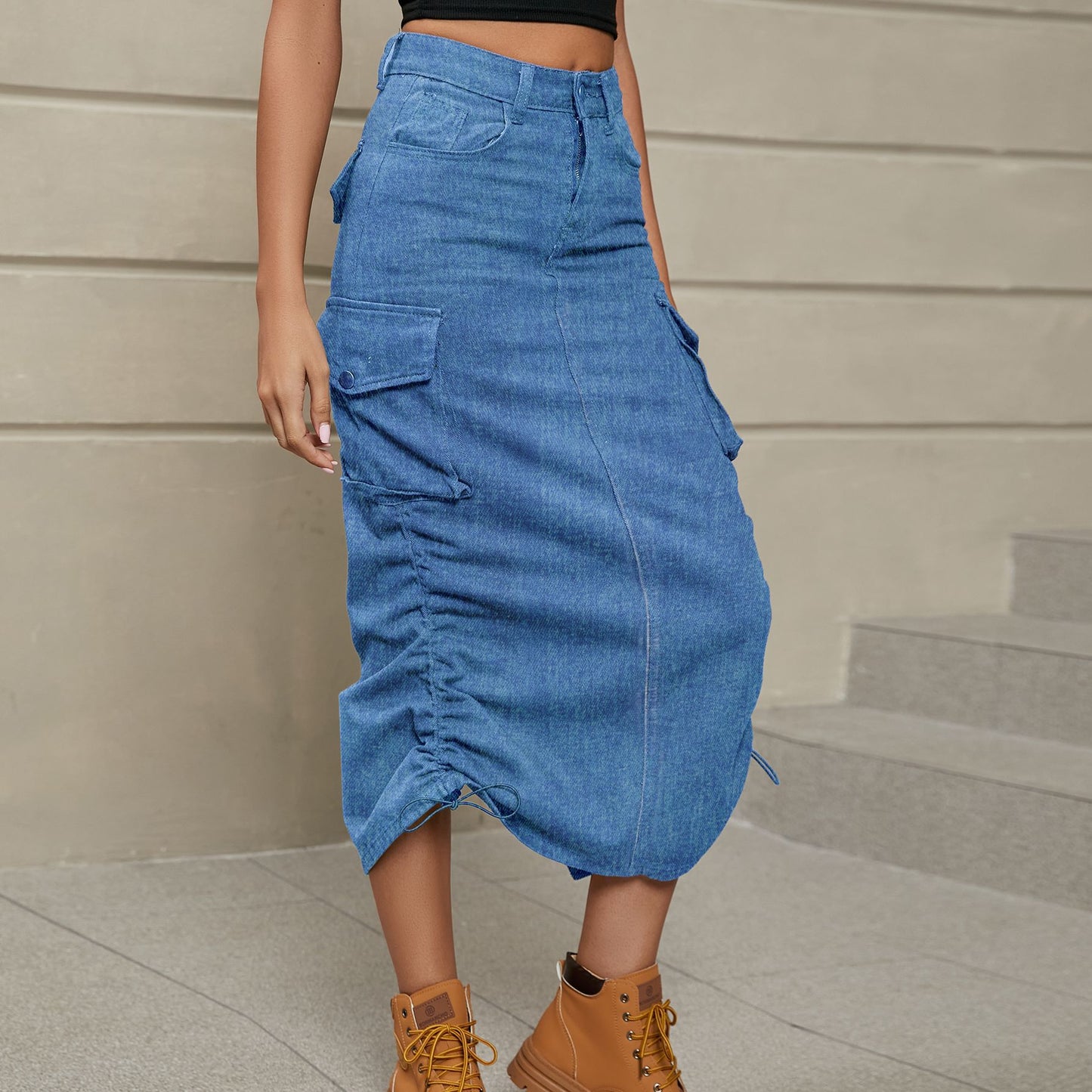 Cargo Denim Midi Skirt