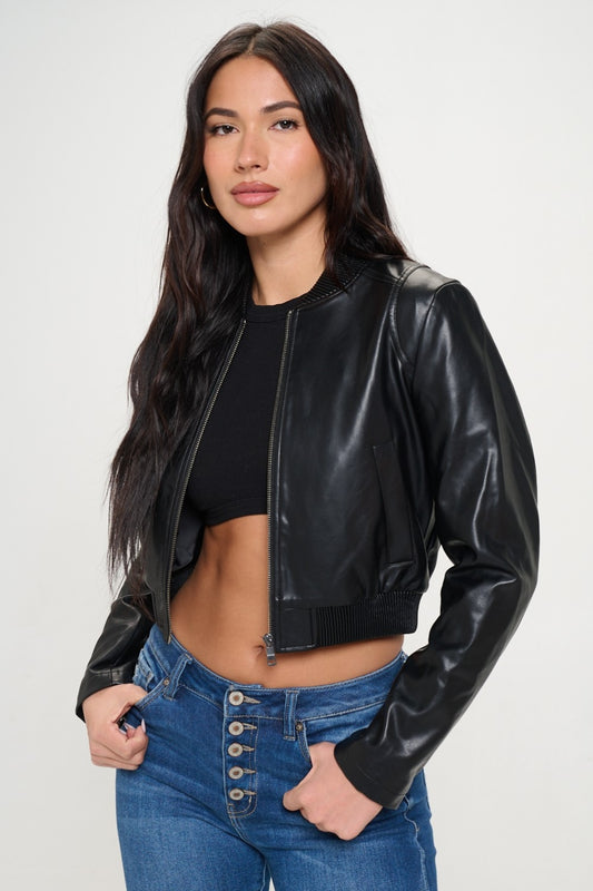 Faux Leather Cropped Bomber Jacket - Black