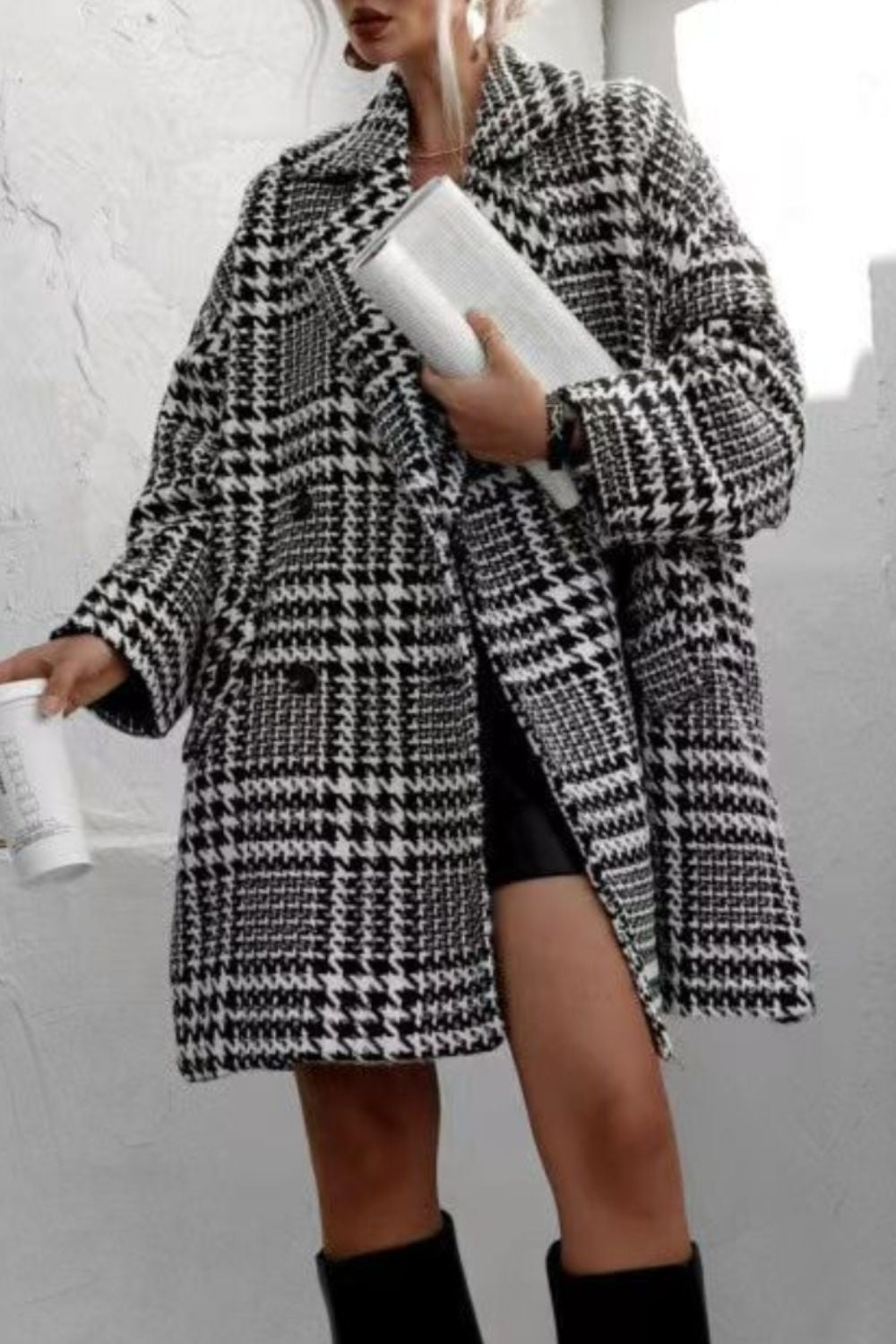 Houndstooth Collared Neck Coat