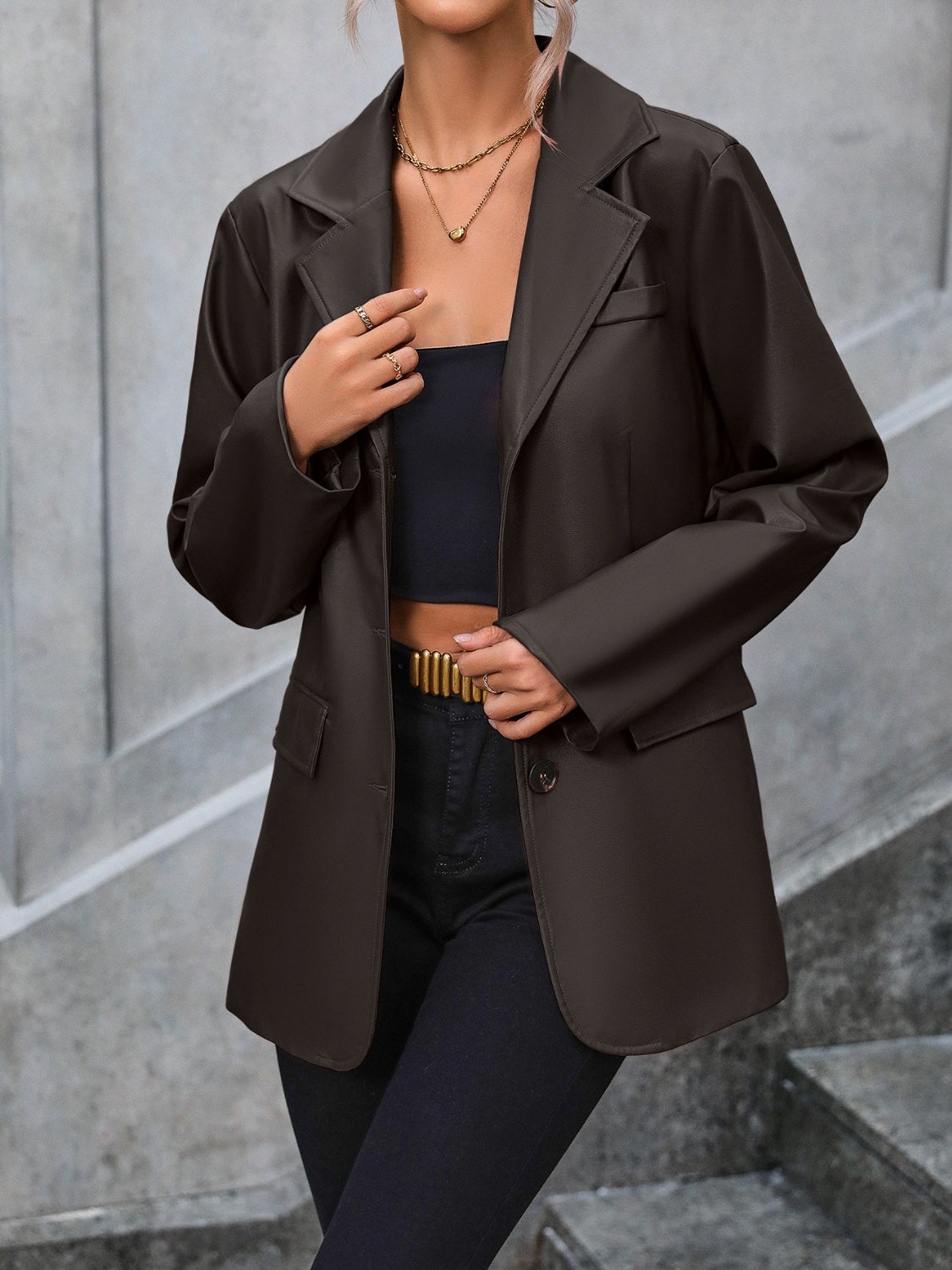 Faux Leather Collared Neck Blazer