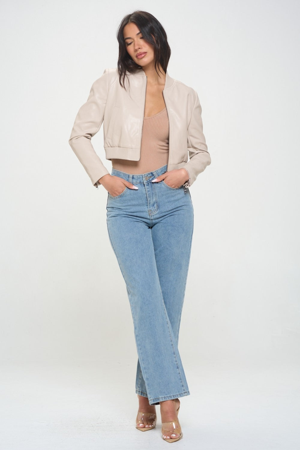 Faux Leather Cropped Bomber Jacket - Nude