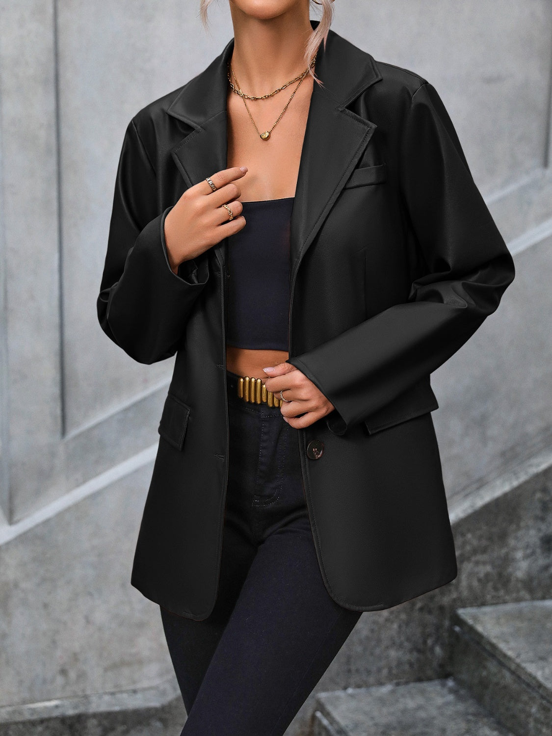 Faux Leather Collared Neck Blazer