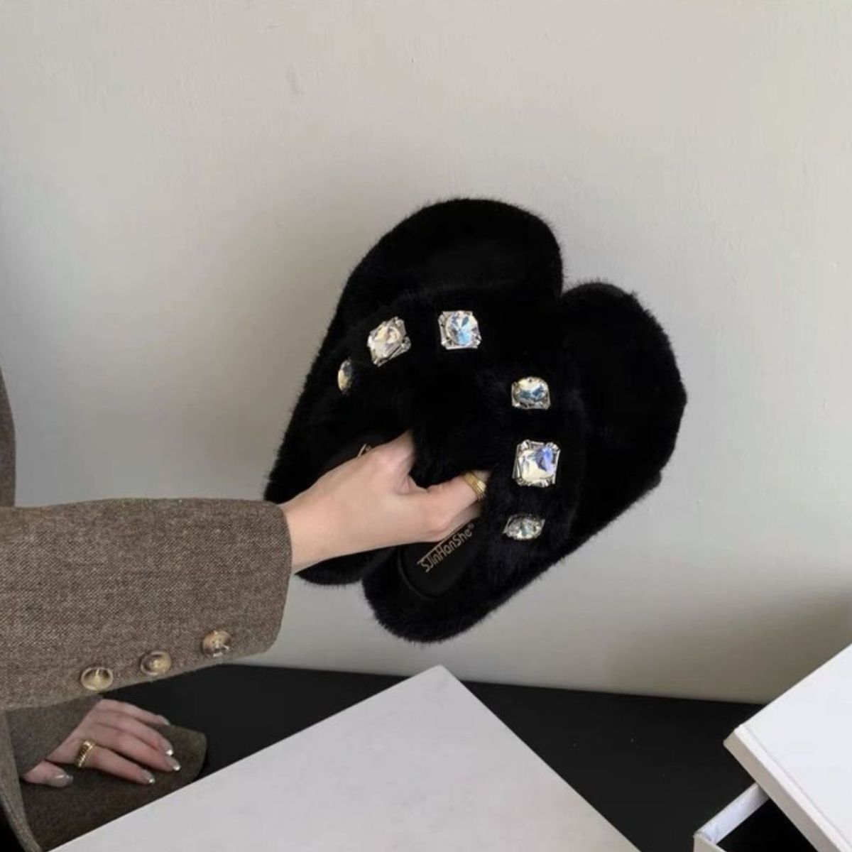 Crisscross Rhinestone Slippers
