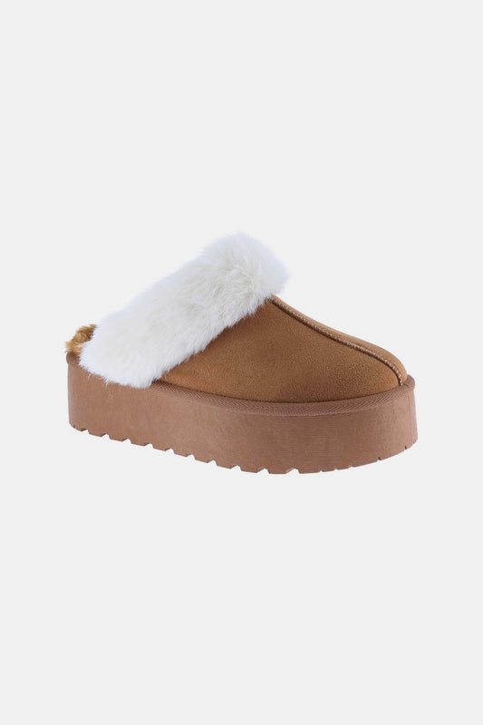UGG Inspired Platform Fur Trim Slippers - Chestnut