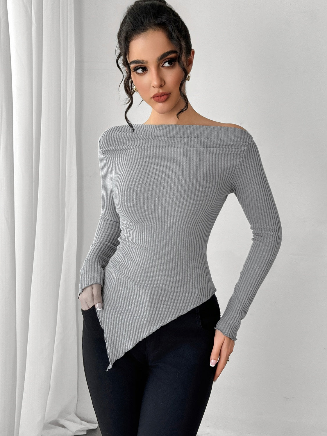 Asymmetric Hem Long Sleeve Top