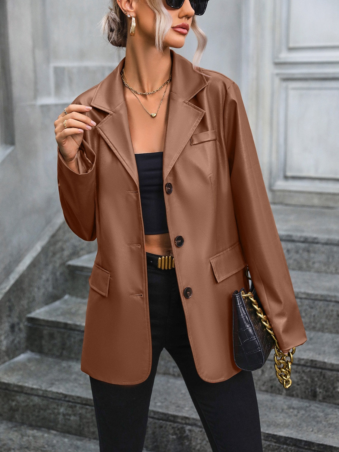 Faux Leather Collared Neck Blazer