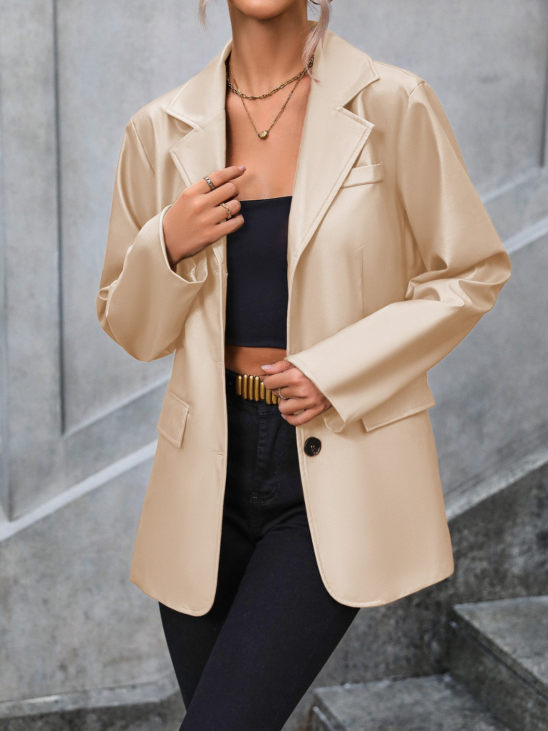 Faux Leather Collared Neck Blazer
