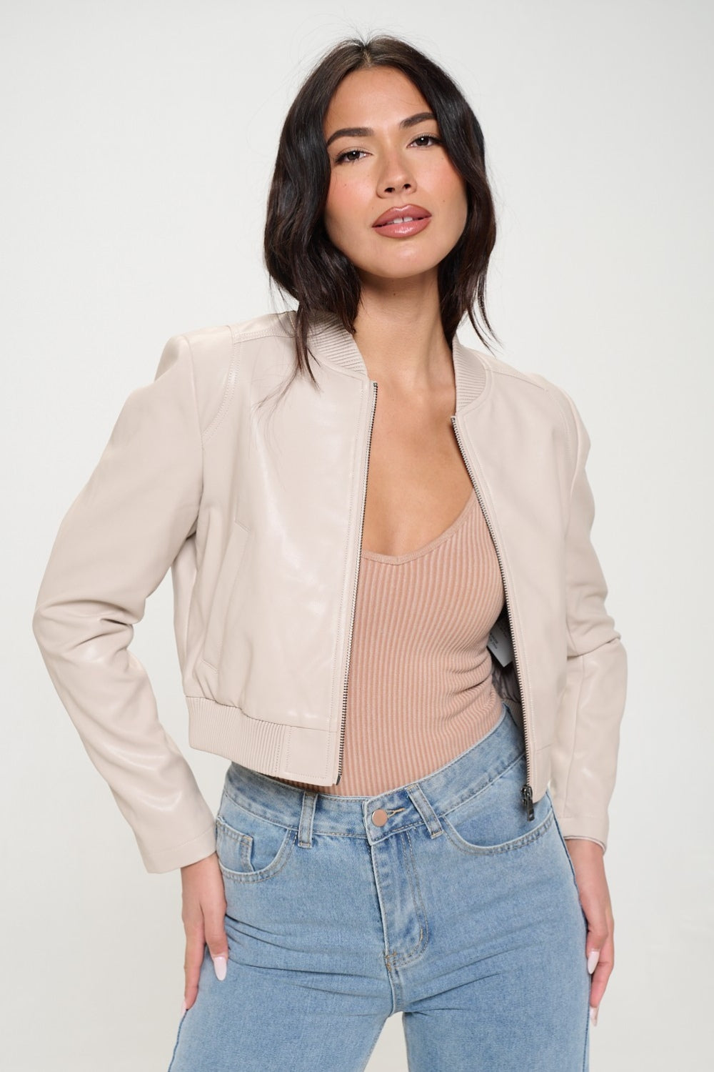 Faux Leather Cropped Bomber Jacket - Nude
