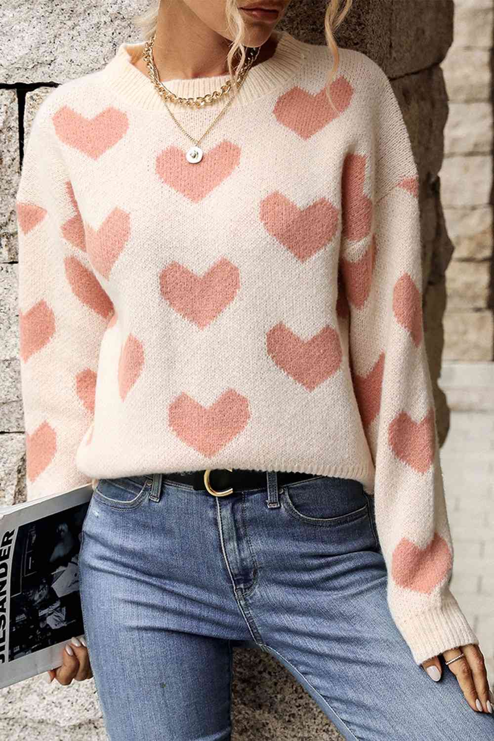 Pink Hearts Dropped Shoulder Sweater