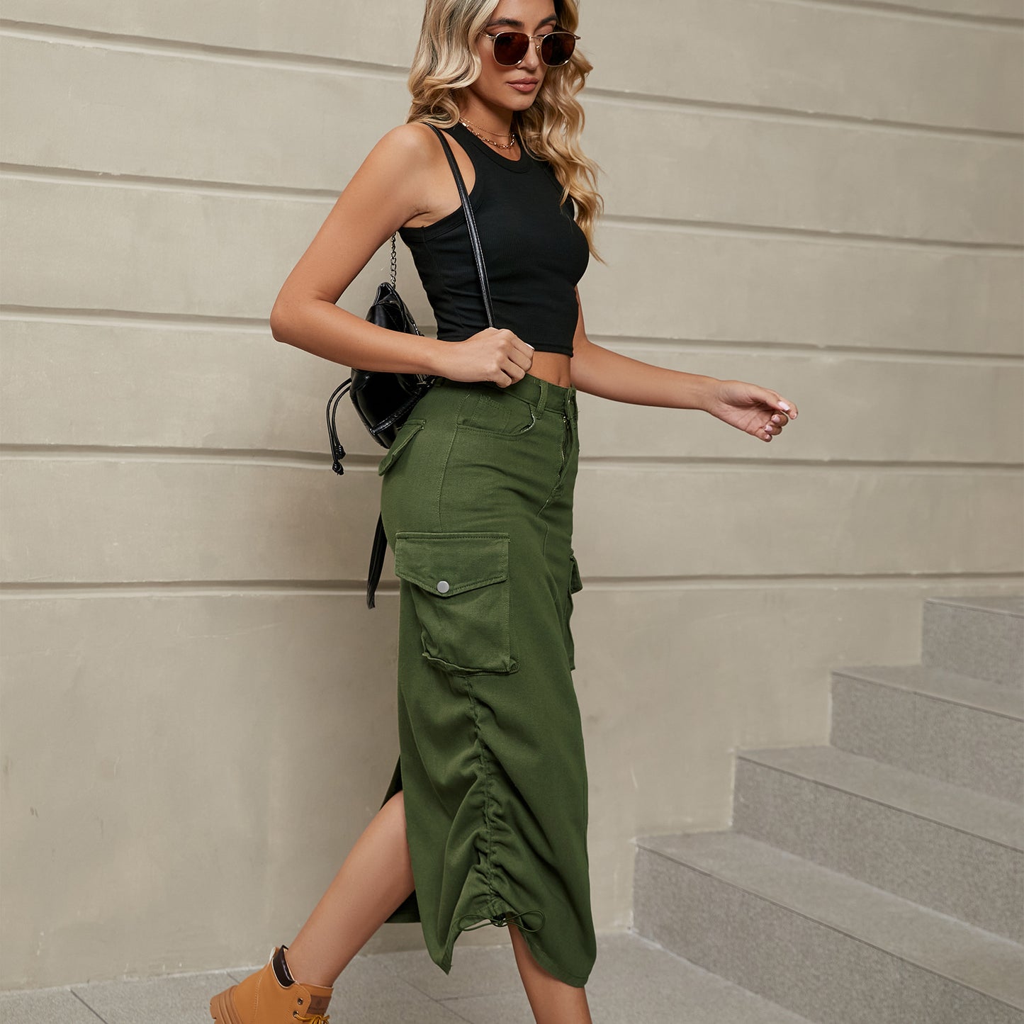Cargo Denim Midi Skirt