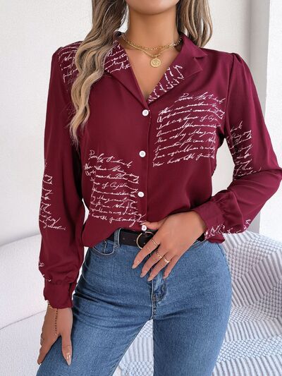Letter Printed Button Up Blouse