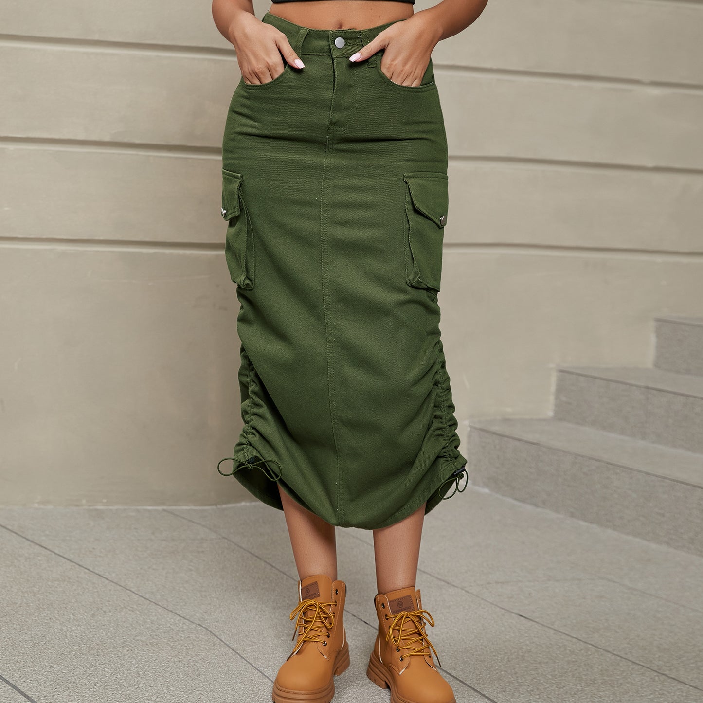 Cargo Denim Midi Skirt