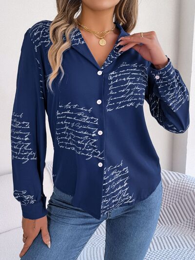 Letter Printed Button Up Blouse