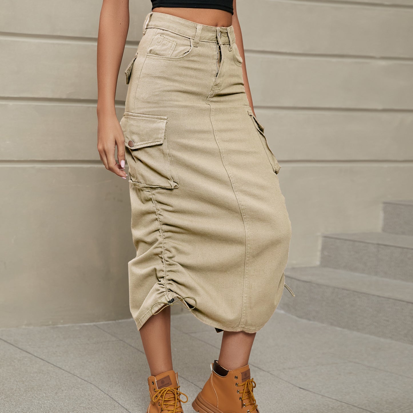 Cargo Denim Midi Skirt
