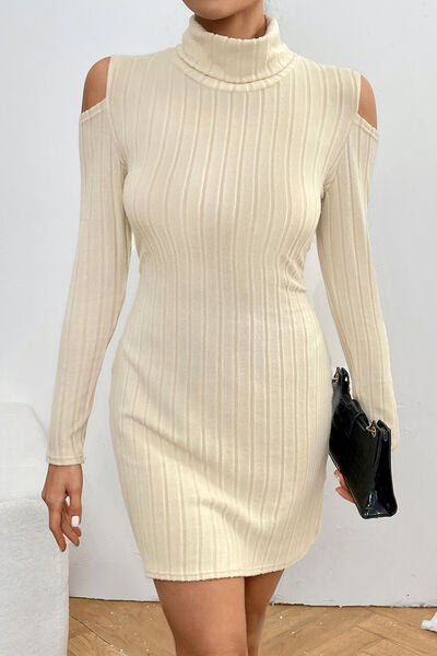 Ribbed Turtleneck Cold Shoulder Dress