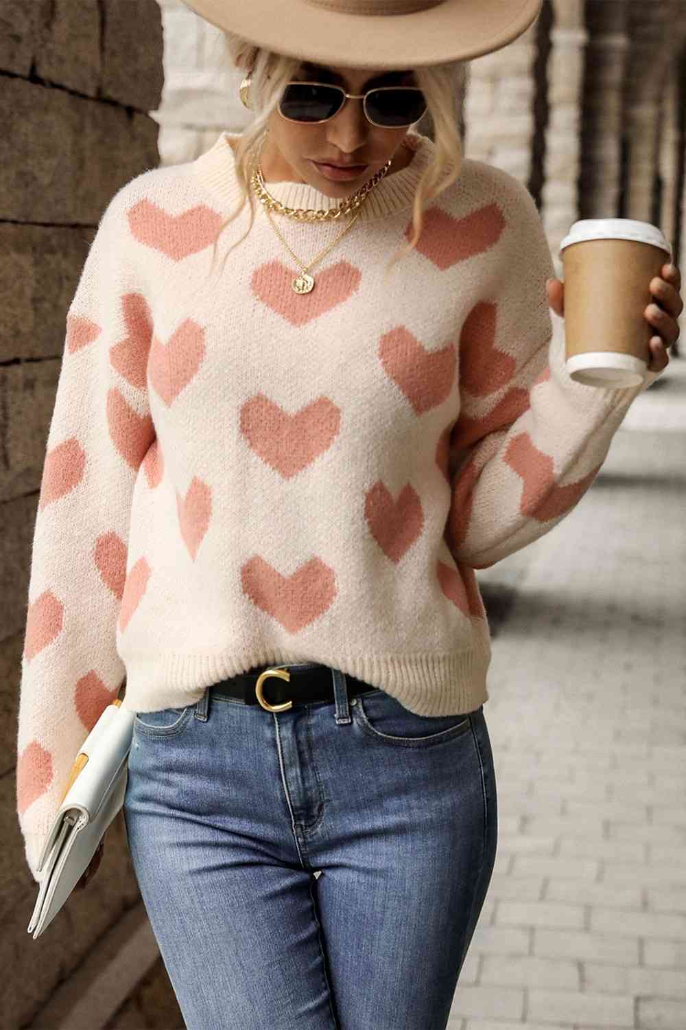 Pink Hearts Dropped Shoulder Sweater