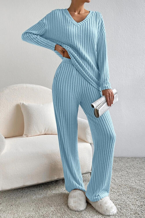 Ribbed V-Neck Cozy Set