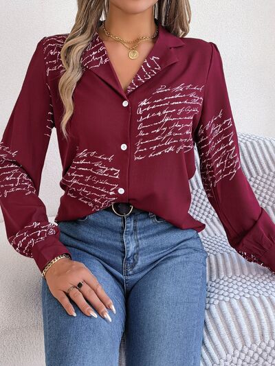 Letter Printed Button Up Blouse