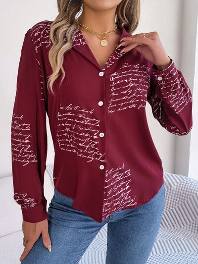 Letter Printed Button Up Blouse