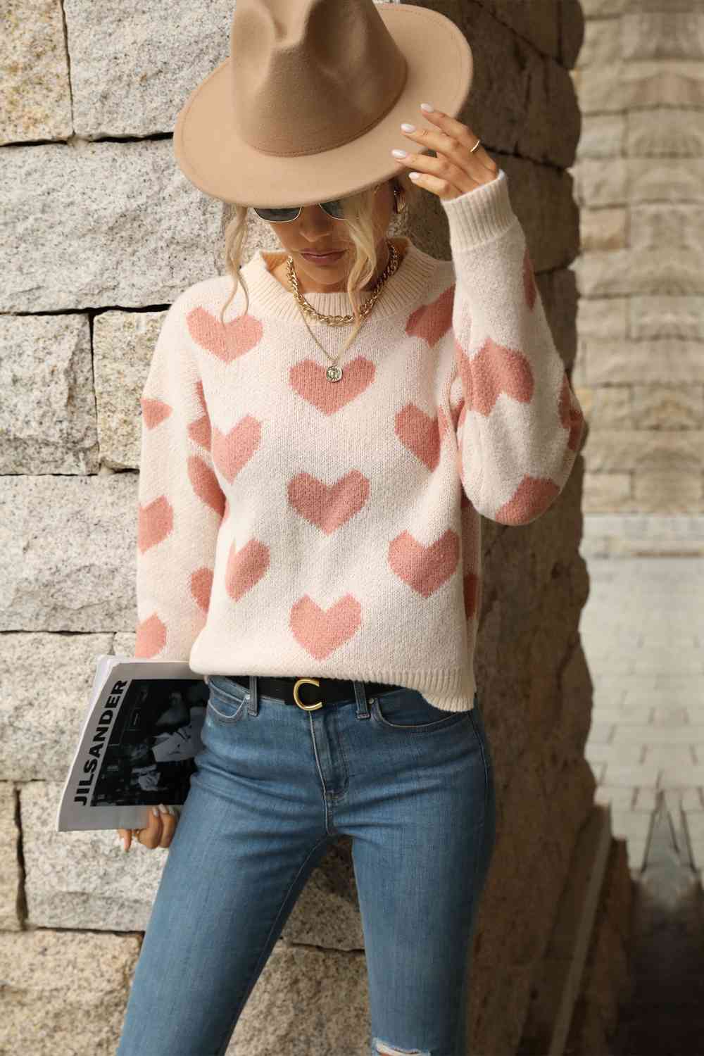 Pink Hearts Dropped Shoulder Sweater