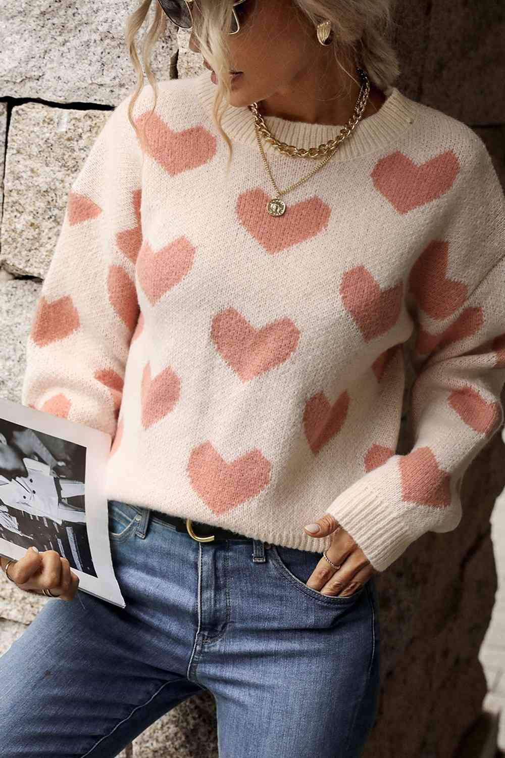 Pink Hearts Dropped Shoulder Sweater