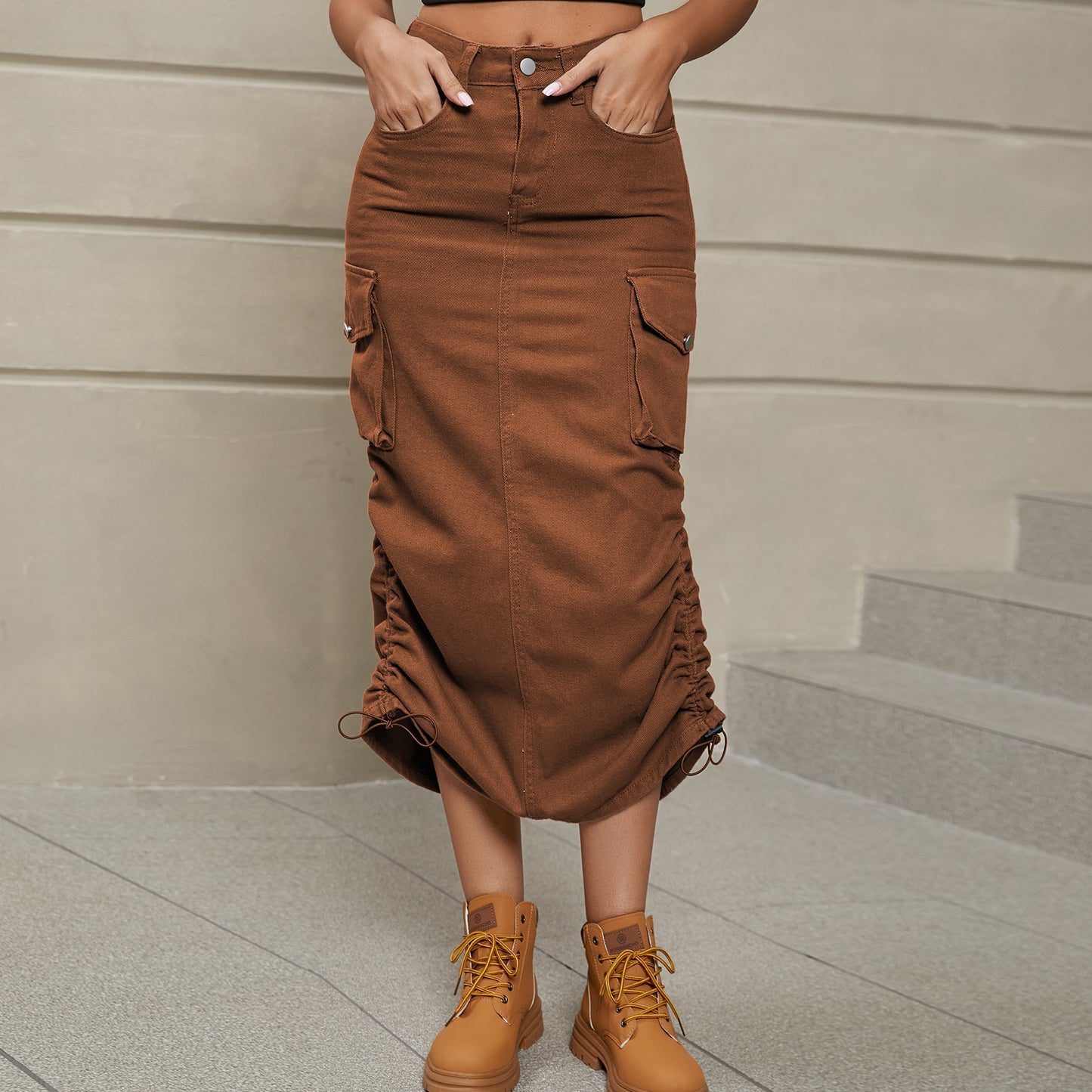 Cargo Denim Midi Skirt