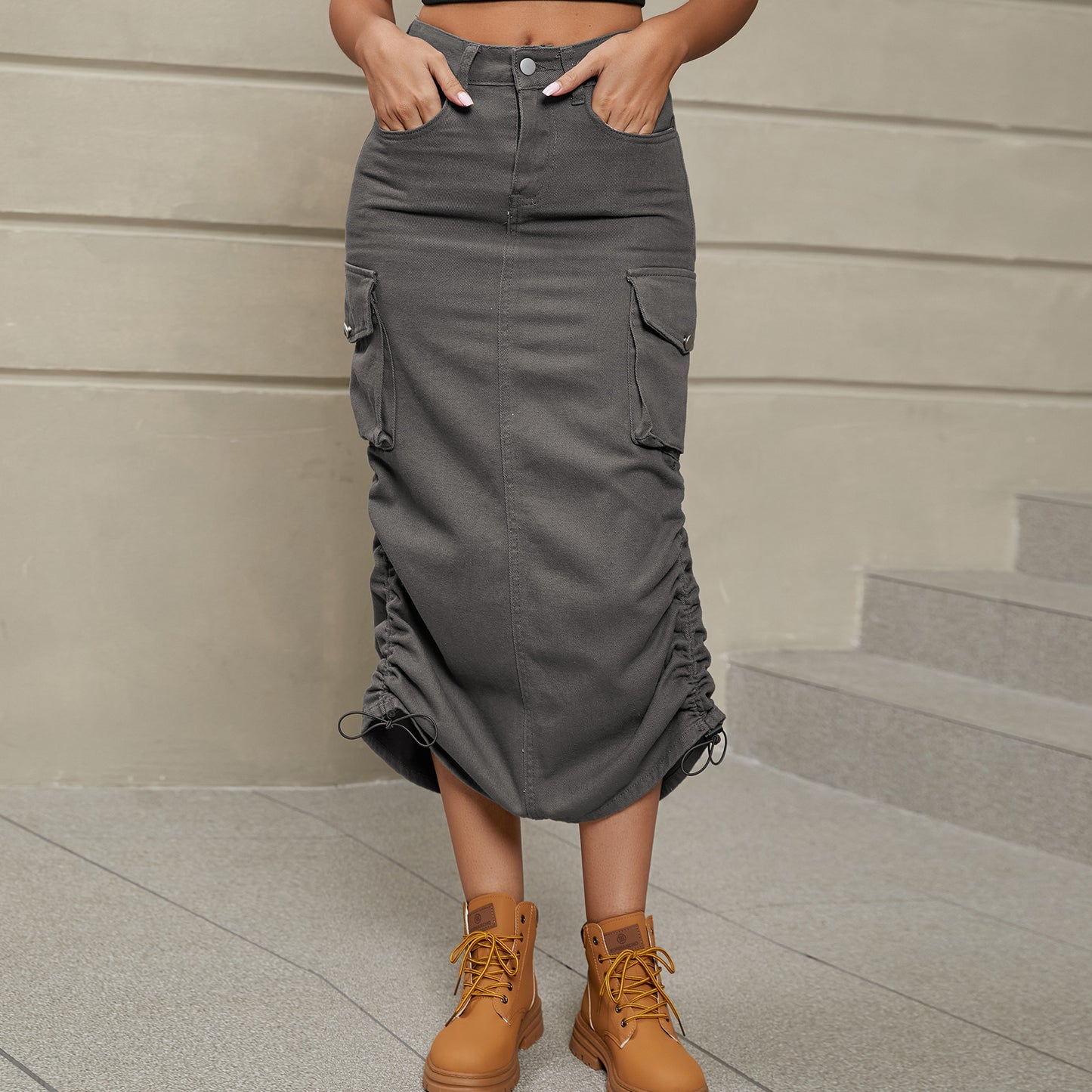 Cargo Denim Midi Skirt