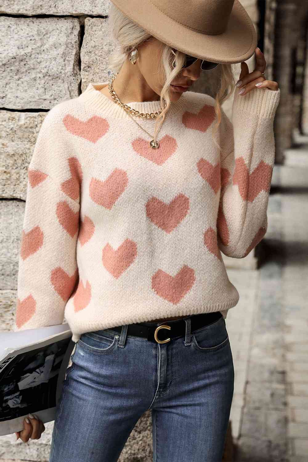 Pink Hearts Dropped Shoulder Sweater