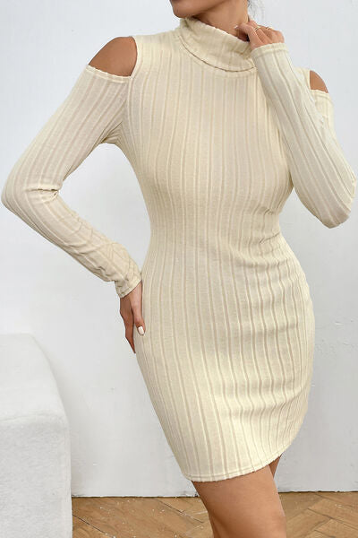 Ribbed Turtleneck Cold Shoulder Dress