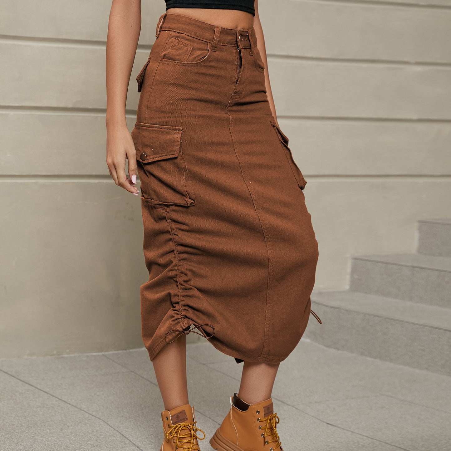 Cargo Denim Midi Skirt