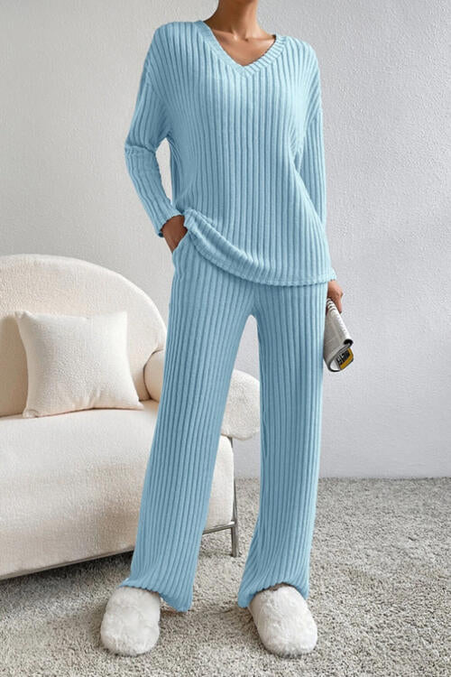 Ribbed V-Neck Cozy Set