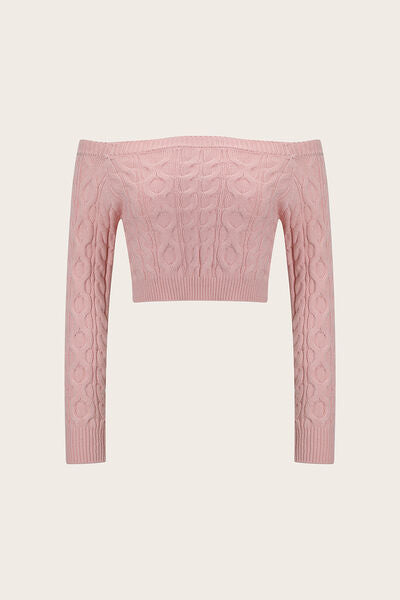Pink Cable-Knit Off-Shoulder Sweater