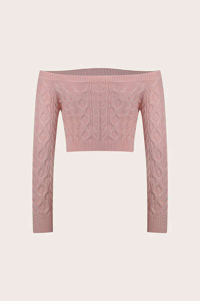 Pink Cable-Knit Off-Shoulder Sweater