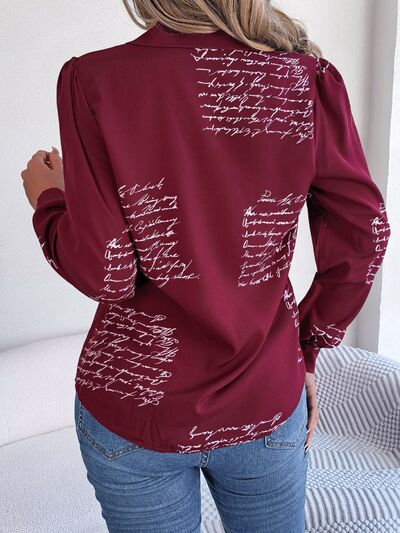 Letter Printed Button Up Blouse