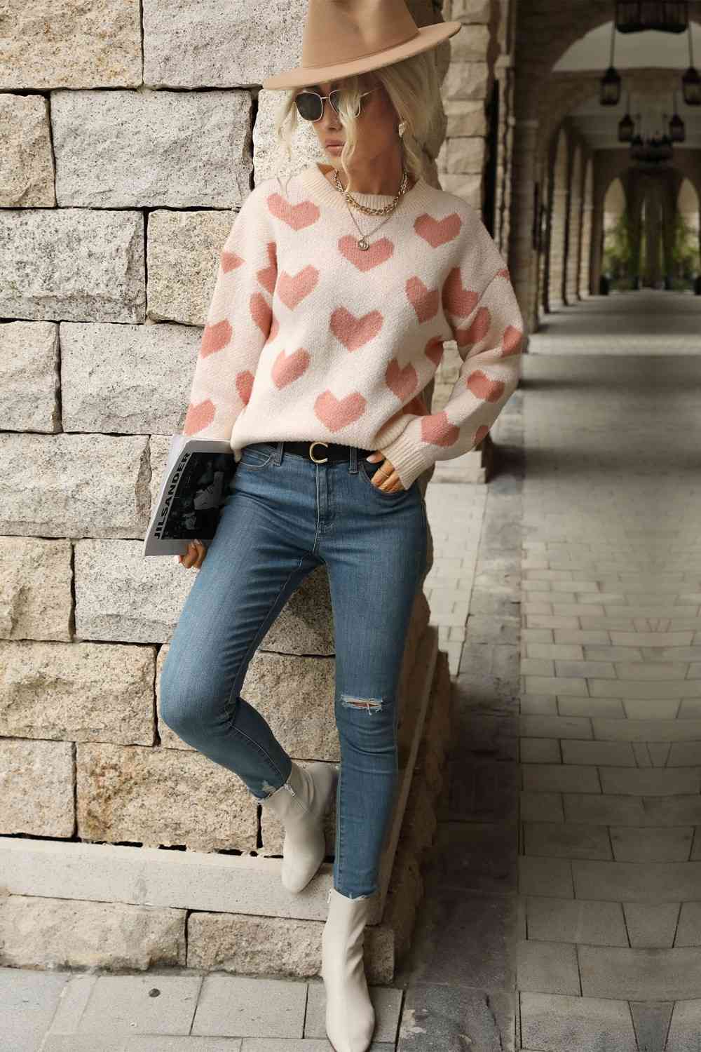 Pink Hearts Dropped Shoulder Sweater