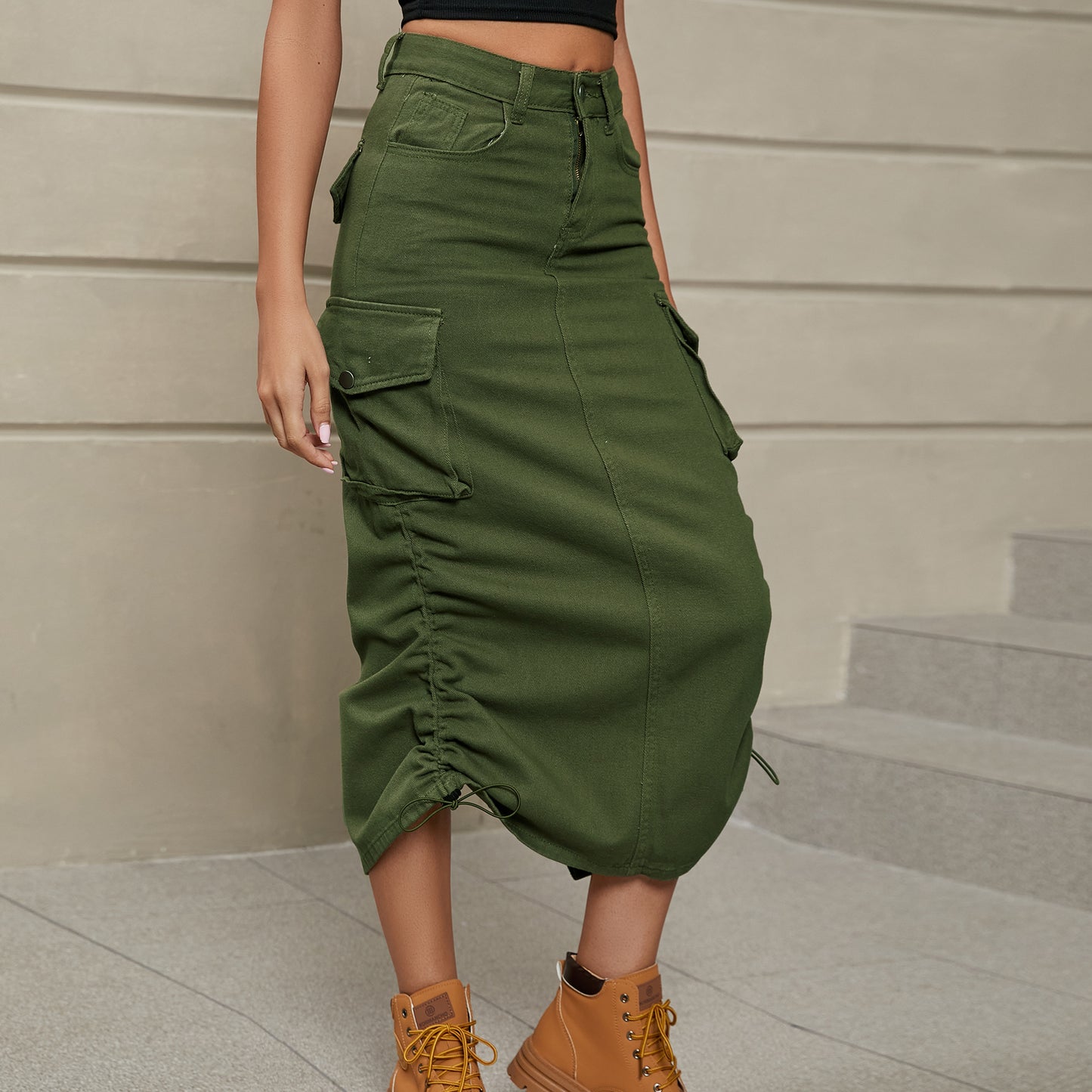 Cargo Denim Midi Skirt